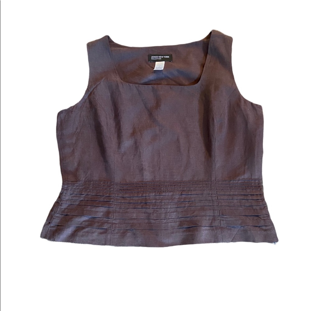 Jones New York brown silk Linen blend sleeveless blouse with squa…